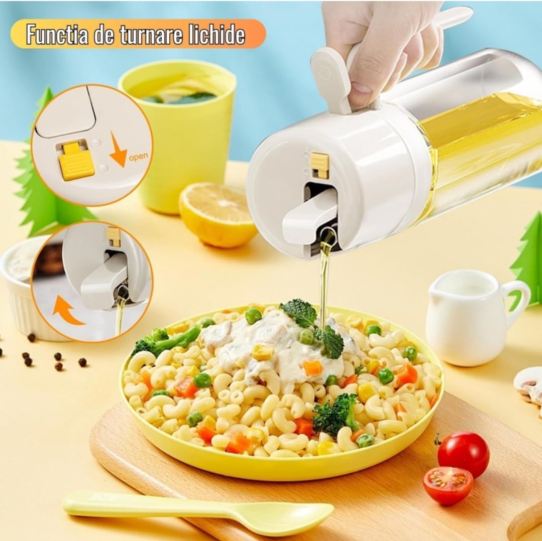 Sticlă dispenser ulei și oțet, 630 ml, design modern, capacitate de pulverizare și curgere