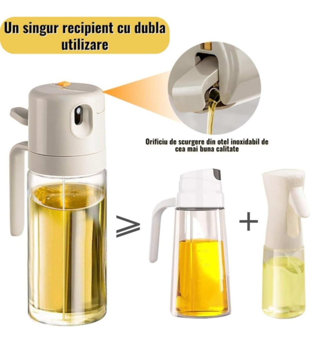Sticlă dispenser ulei și oțet, 630 ml, design modern, capacitate de pulverizare și curgere